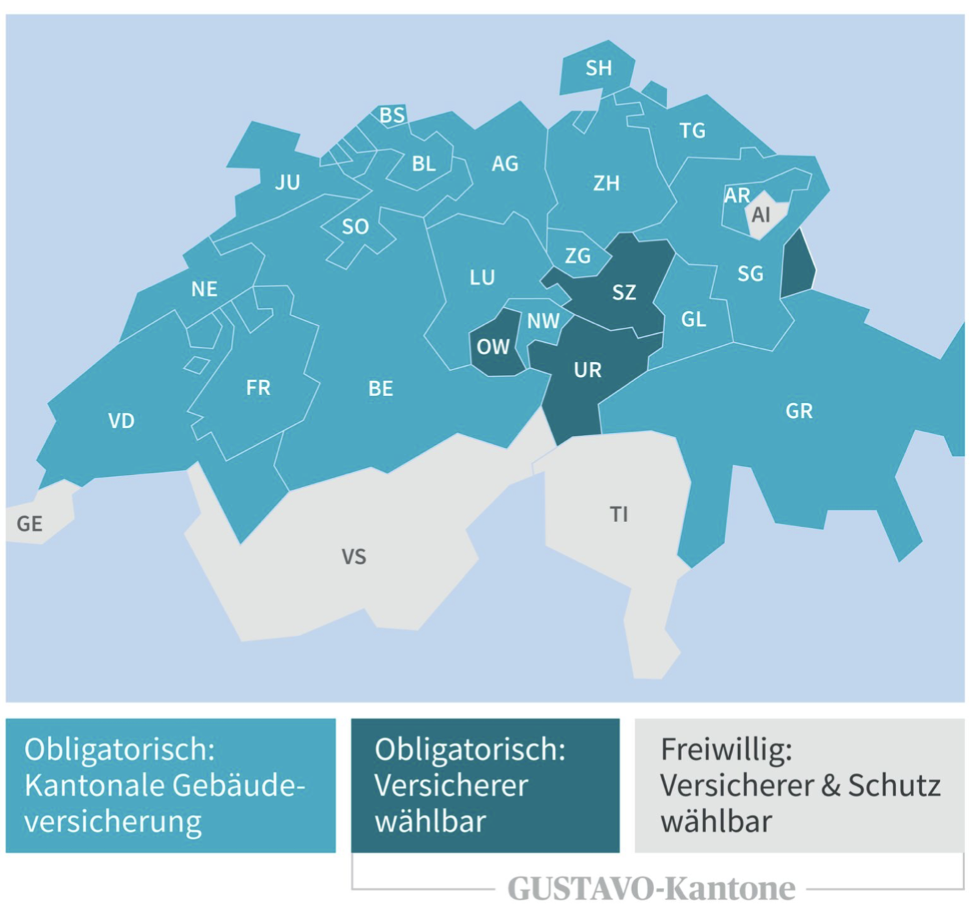 Schweizkarte der GUSTAVO-Kantone: GE, UR, SZ, TI, AI, VS, OW mit USO und GTAV